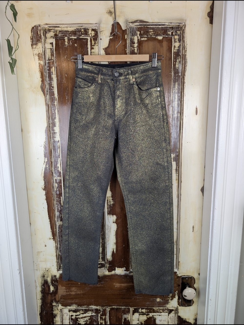 Own Gold Metallic Skinny Jeans Made in Turkey Raw Hem 25 Sparkle Party Denim